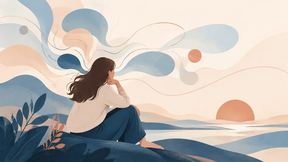Persona contemplando un paisaje mientras formas suaves representan pensamientos y emociones.